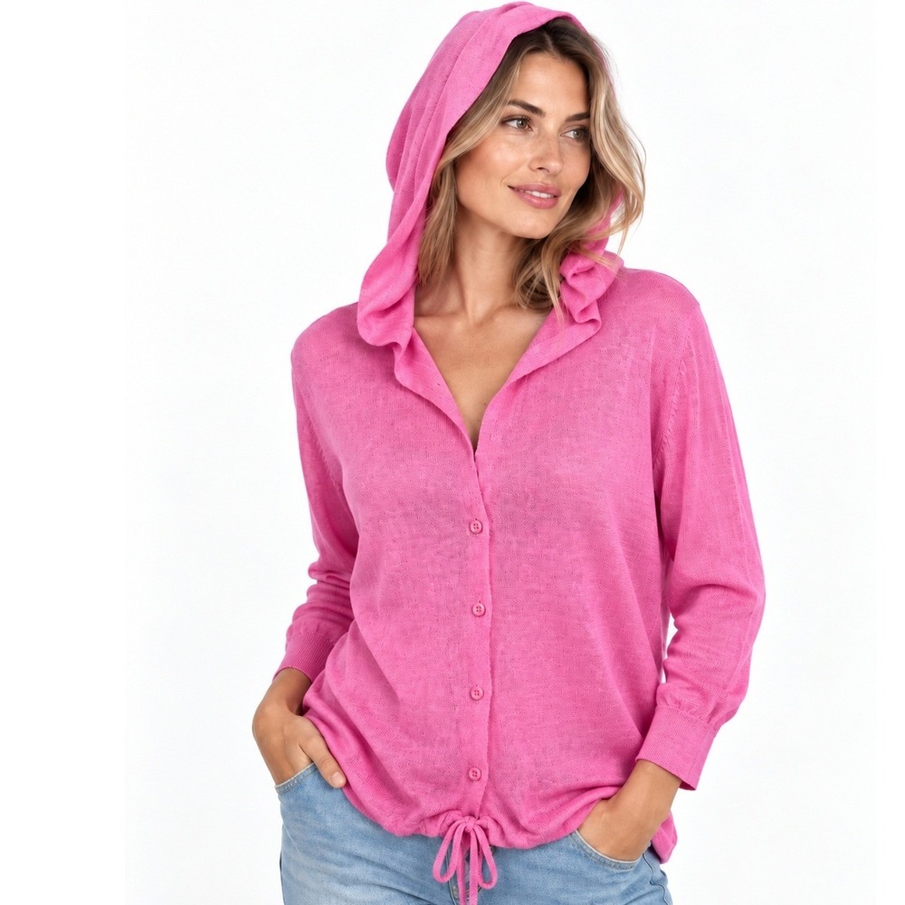 NOA LEE for the planet Pink 100% Linen Hooded Cardigan Button Front Medium